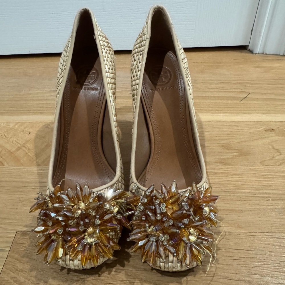 Tory Burch Tan Raffia Heels with Golden Color Beading on Toes